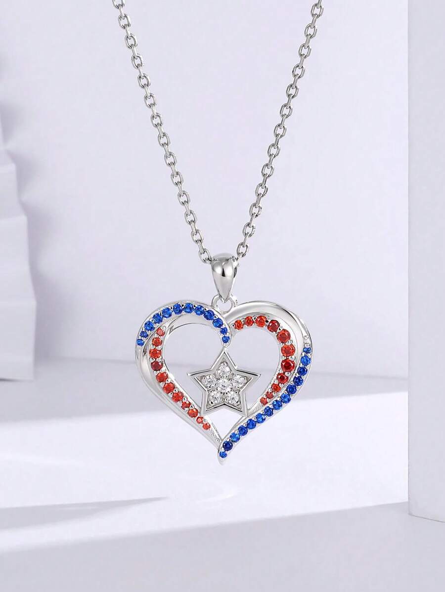 1pc U.S. July 4th Independence Day Women's Rhinestone Heart Flag Pendant Necklace, Elegant & Fashionable Charm Choker Necklace