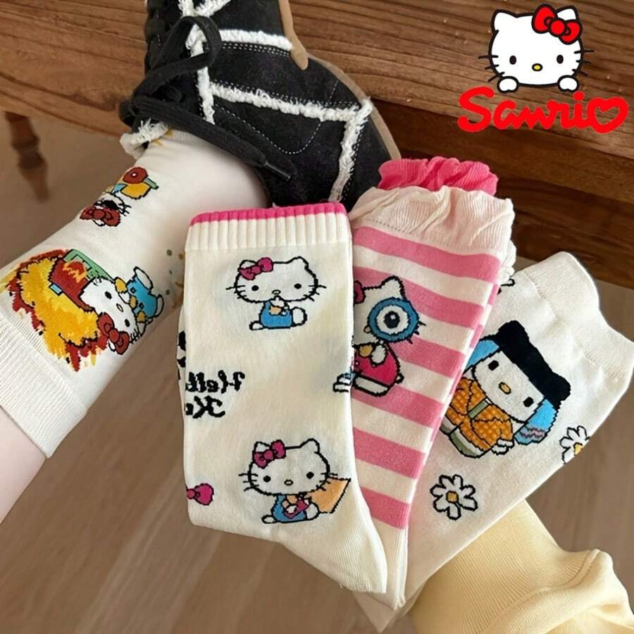 Sanrio 1Pair Sanrio For Hello Kitty & Friends Women'S Kawaii Cat Crew Socks - Cute Cartoon Designs, Breathable Polyester, Perfect For Work & Casual Wear, Available In Multiple Colors, Cute Socks