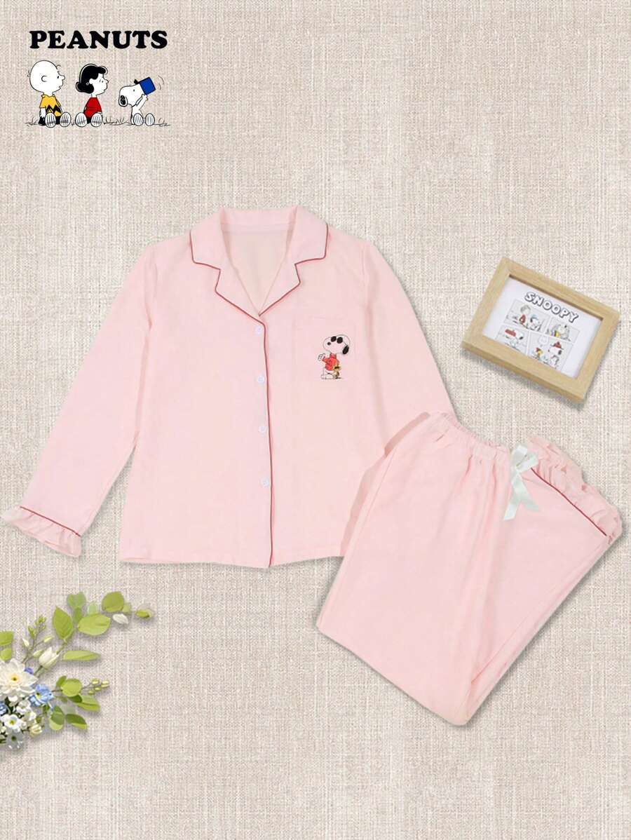 SNOOPY Authorized PEANUTS Snoopy Print Lapel Long Sleeved Top & Long Pants Pajamas, Spring & Autumn Ladies' Home Clothes, Lounge Outfit