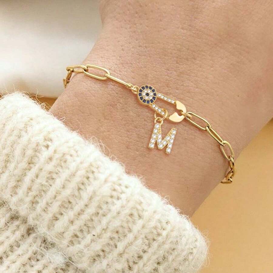 1 pieza Nuevo Brazalete de Clip de Papel con Zirconia Pavé con Inicial Dorada de Acero Inoxidable de Moda para Mujeres
