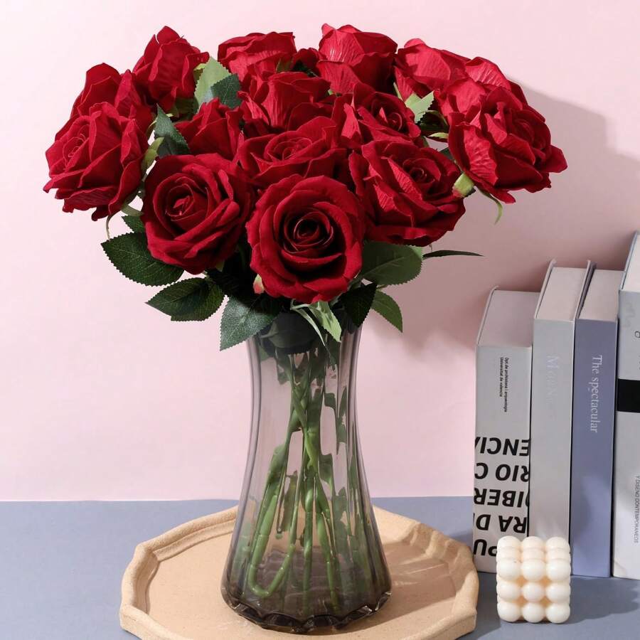 10Pcs/5Pcs/4Pcs/1pc Wine Red Rose Artificial Bridal Bouquet Realistic Velvet Faux Flower Flower Arrangement Decoration Fake Rose Artificial Rose For Valentine's Day Gifts Wedding Party Home Decoration, Birthday Gifts Outdoor Indoor Decor, Vase Floral Decor (Purchase Instructions: May Contain Odor, Please Place In Window For Ventilation For 1-2 Days)
