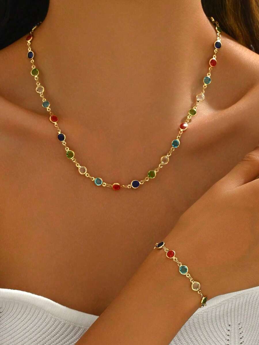 2pcs Fashionable Versatile Elegant Colorful Crystal Necklace And Rainbow Color Bracelet Set, Suitable For Dailywear, Gathering, Party, Festival Gift - Crystal Color Sequence Random