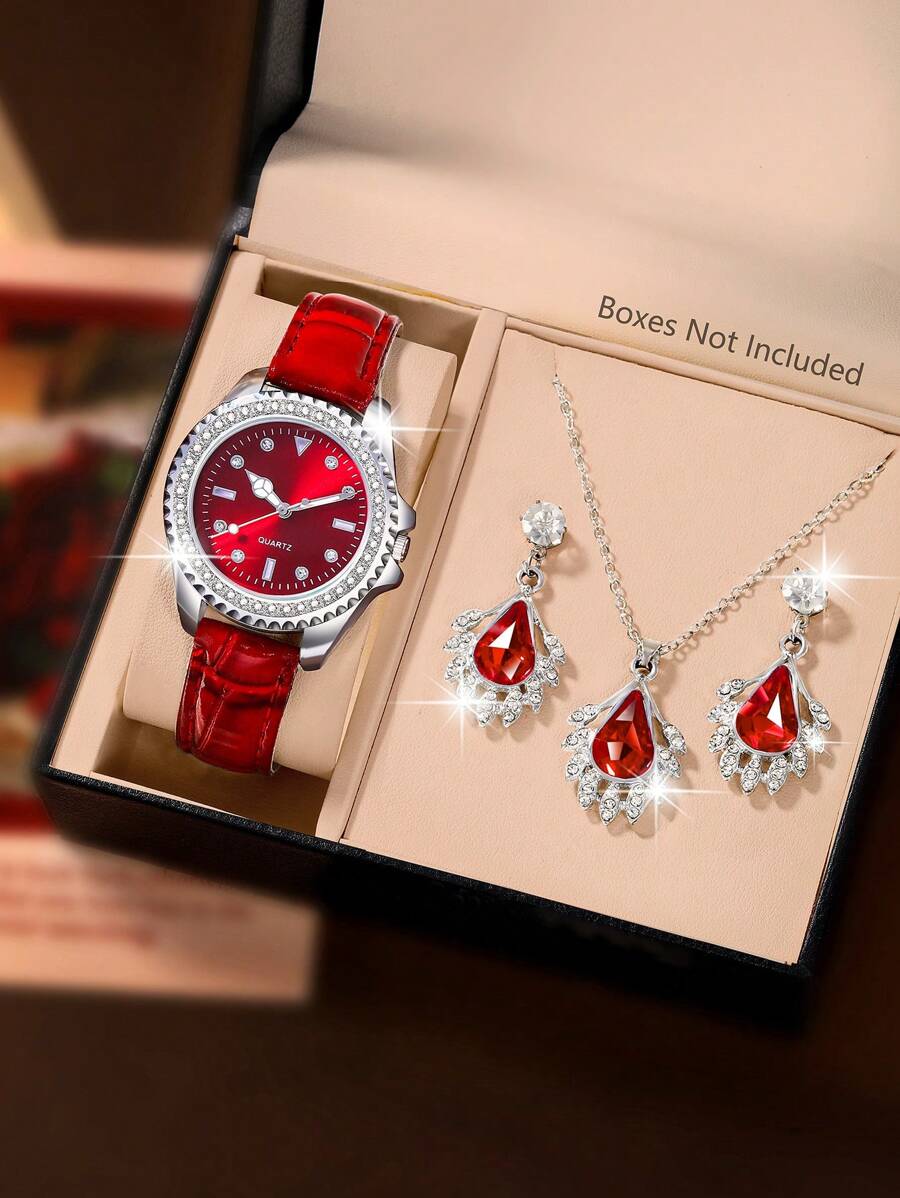 Ladies Watch Set Of 4 Women's Fashion Luxurious Quartz Watch And Necklace & Earrings Set Suitable For Women Party,Holiday,Birthday Wear Or As Sisters,The Best Gift For A Lady(No Box)