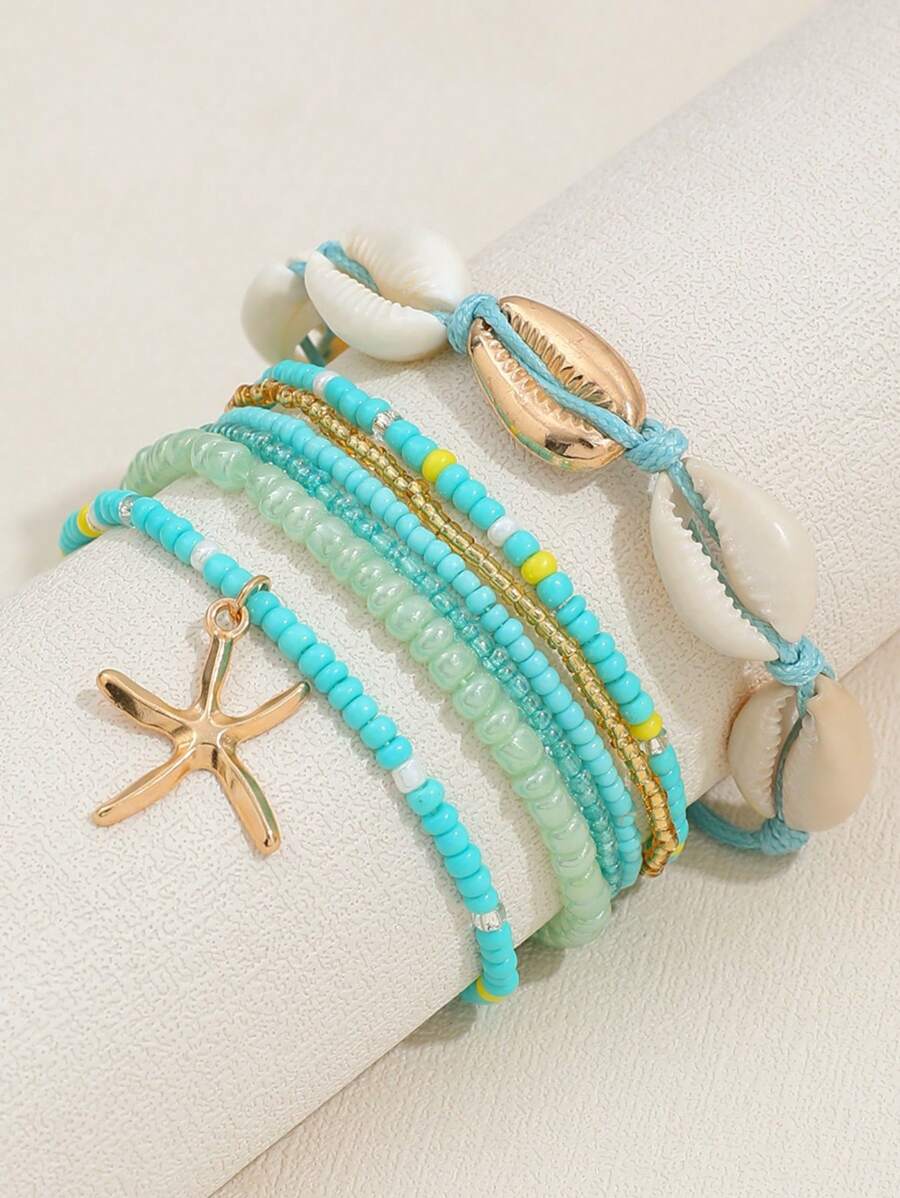 7pcs/Set Bohemian Style Shell & Bead Decor Hand Chain With Starfish Pendant, Women Bracelet Set (Random Bead Colors)