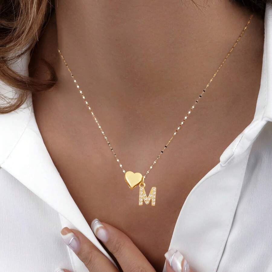 1 peça Nova Moda Zircônia Pave Inicial Pingente de Coração Dourado Aço Inoxidável Corrente de Lábio Colares para Mulheres