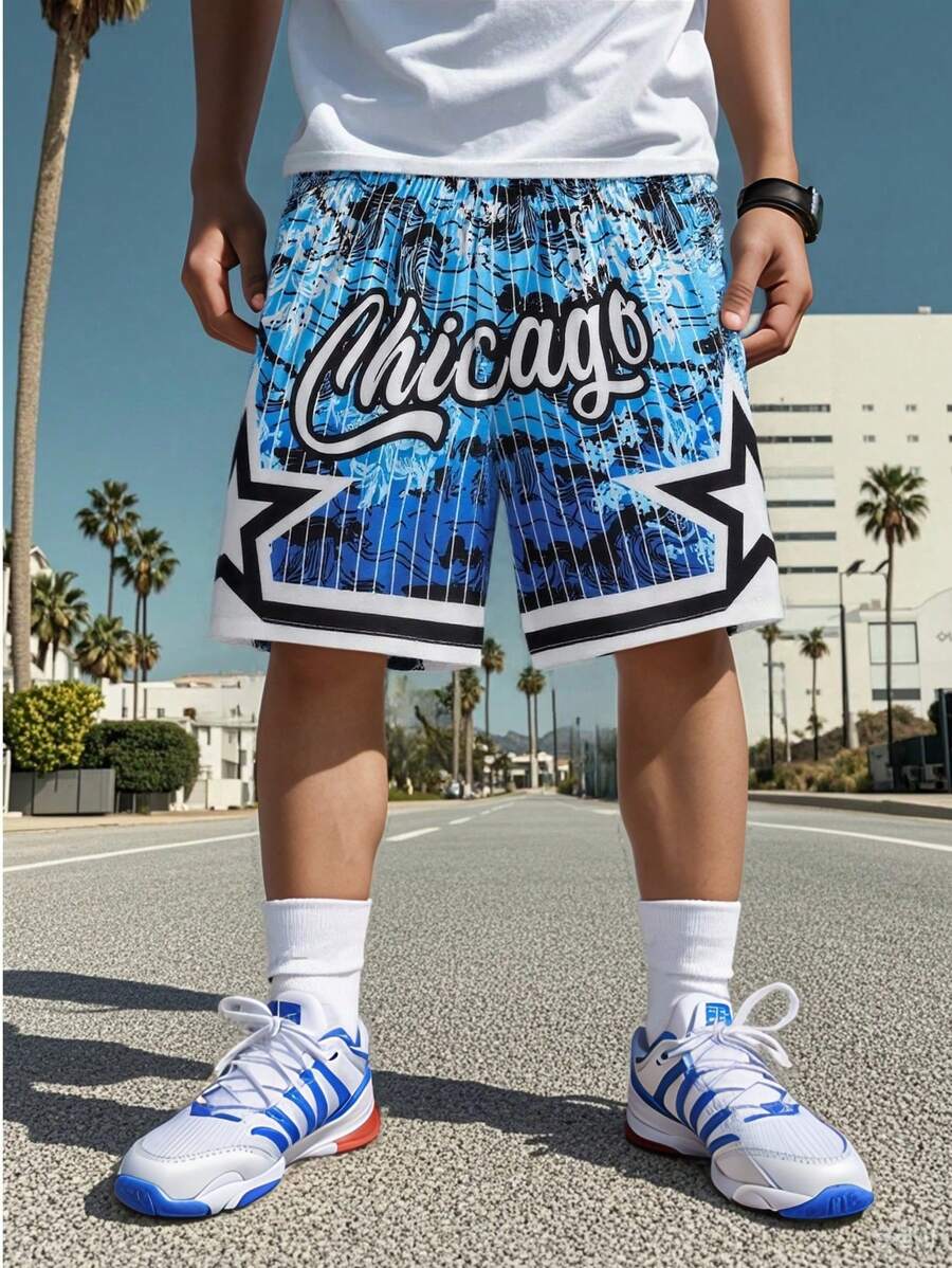1 pieza Pantalones cortos de rodilla, estilo casual y de moda con estampado de Chicago, olas y estrellas, para niños, primavera/verano