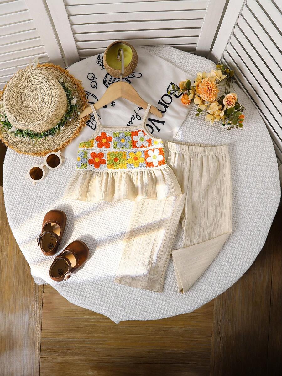 Baby Girl Elegant Crochet Panel Apricot Color Camisole Top And Pants Set, Casual Vacation Summer New Arrival