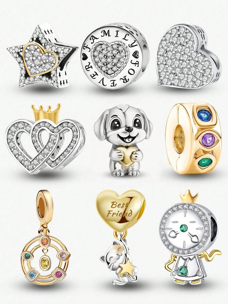1 pièce à la mode Charm en pierre d'énergie magique scintillante en forme d'horloge, de ballon, de chat, de chien, d'étoile, de famille, d'amour, convient pour la fabrication de bracelets, de bracelets, de bijoux et pour assortir les tenues quotidiennes des femmes et des filles
