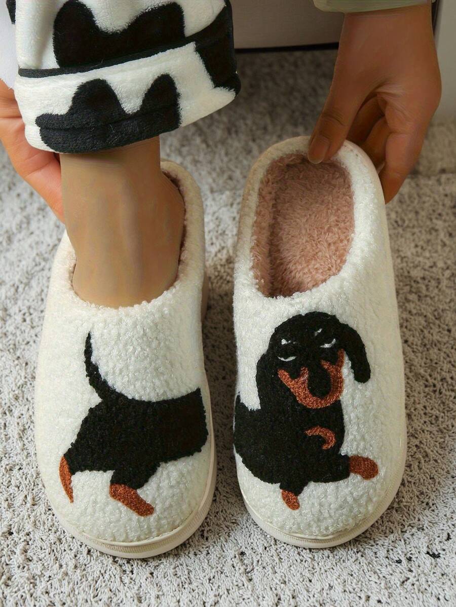 Dachshund Pattern Embroidered Plush Thick-Sole Checkered House Slippers, Anti-Slip Indoor Slippers For Women, Home Cartoon Animal Slippers - TPR Outsole, Thermal Lined, Handwashable - Great For Mother's Day, Weddings, Parties, Home, Vacations