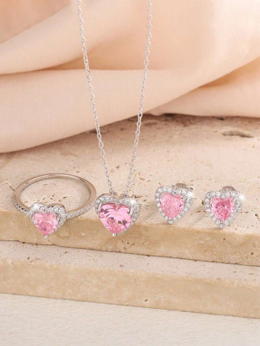 Ensemble de bijoux en argent sterling 925 avec pierre de zirconium en forme de cœur rose - petites boucles d'oreilles mignonnes, collier, bague. Cadeau pour les amoureux, les amis, anniversaire. Convient pour le quotidien, les voyages, les fêtes, les mariages. Bijoux de luxe pour femmes