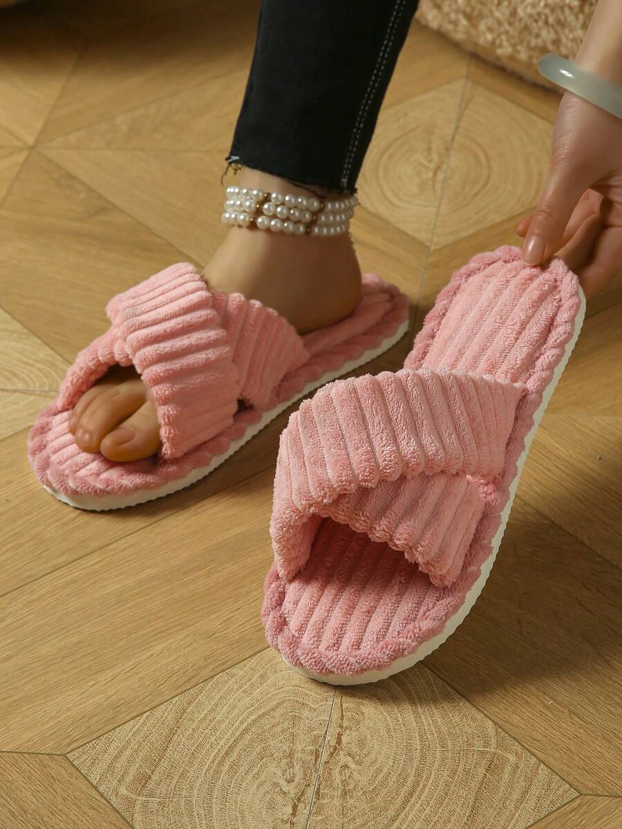 Women's Criss-Cross Open Toe Slippers, Comfortable & Fashionable Fluffy Indoor Slippers With EVA Sole And Coral Fleece Material, Suitable For Parties, Home, And Vacation, All Seasons