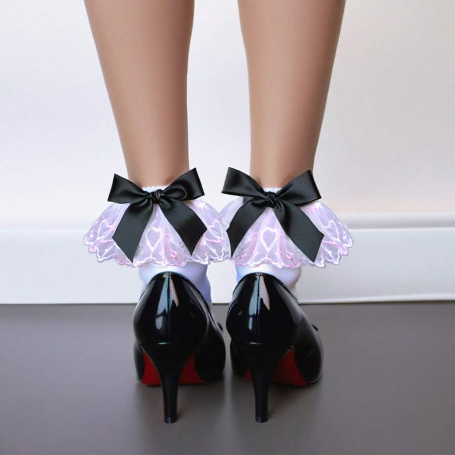 1 par de calcetines cortos sexy de mujer de terciopelo blanco de 100D con ribete de encaje, diseño de moño negro y rojo