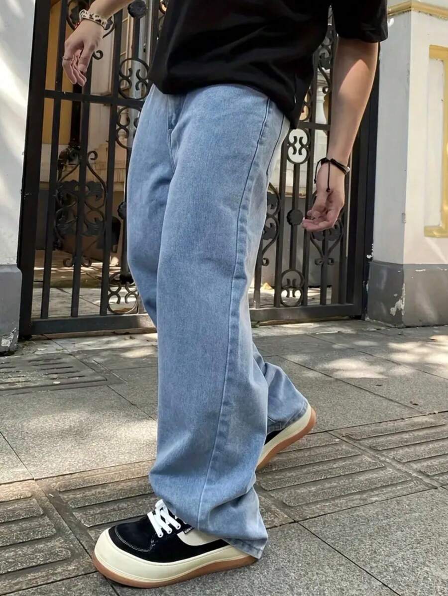 1pc Men's Regular Fit Straight Leg Blue Casual Comfortable Jeans, Suitable For Urban Walking & Outdoor Activities