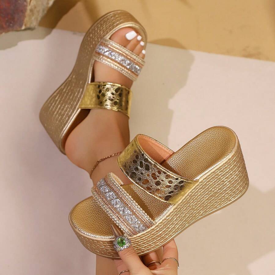 Chancletas con plataforma de mujer con brillo, nuevas para el verano 2024, sandalias casuales ligeras y versátiles de deslizamiento