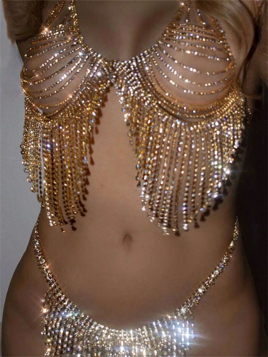 Fashionable Luxury Multi Layer Tassel Rhinestone Bra Body Chain Gorgeous Banquet Exaggerated Women's Sexy Lingerie Accessories