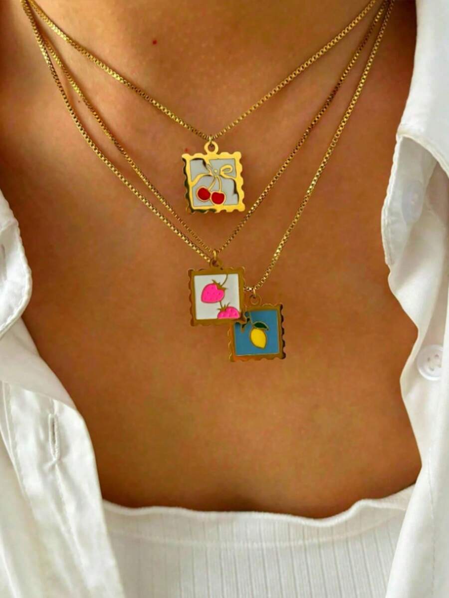 1 pieza Collar con colgante de cereza de fruta linda, collar con colgante cuadrado versátil de fresa colorida o limón de moda para mujer