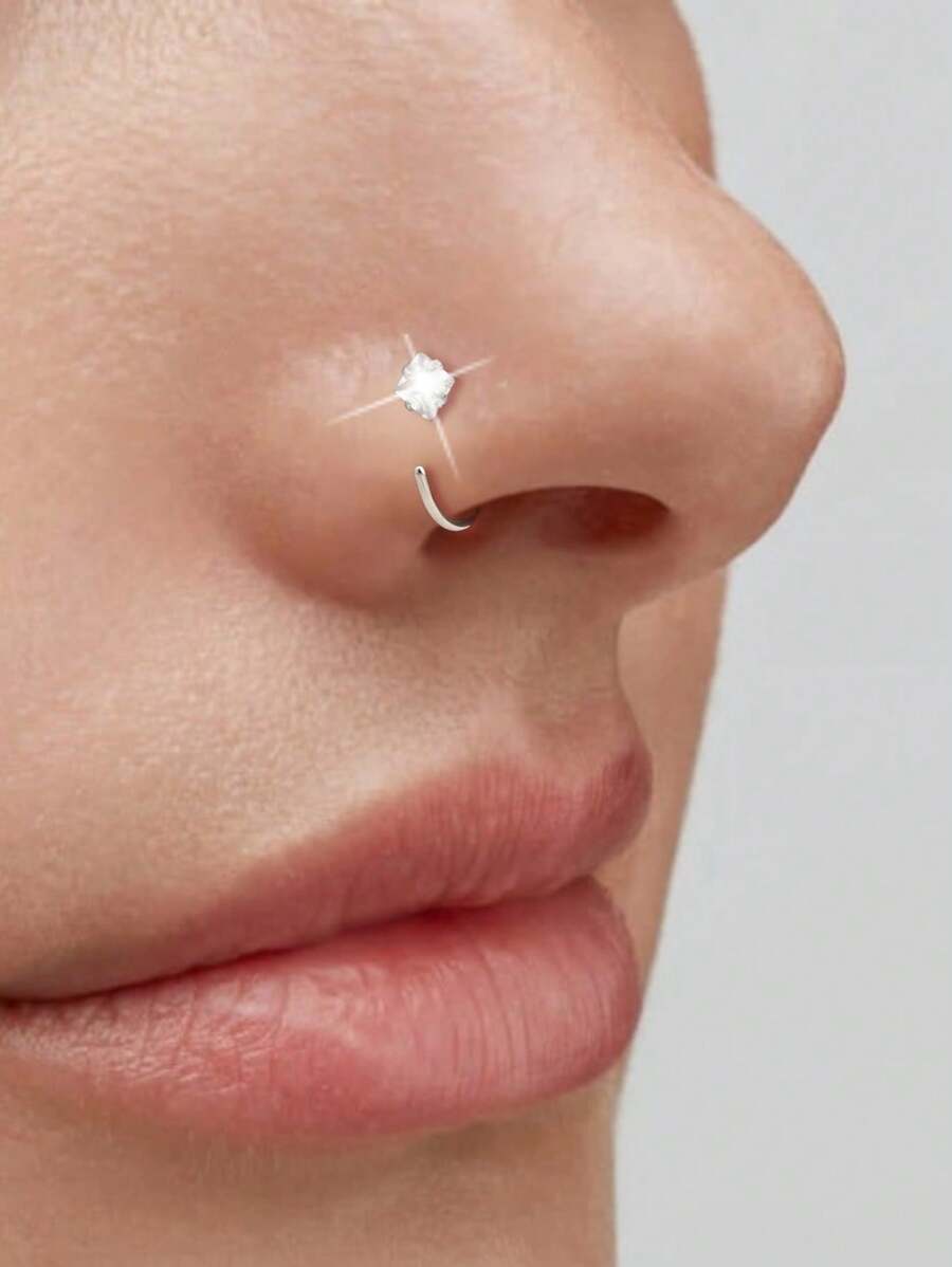 1 Stück Nasenring aus Edelstahl in C-Form mit glänzendem quadratischem CZ, Nasenpiercingschmuck, silberfarbener Nasenring, Nasenspange, Nasenringpiercing, Hipp Hop Mode Punk Körperschmuck für Frauen und Mädchen, Frauengeschenke, geeignet für Tanz, Party, Reisen, tägliche Freizeitkleidung