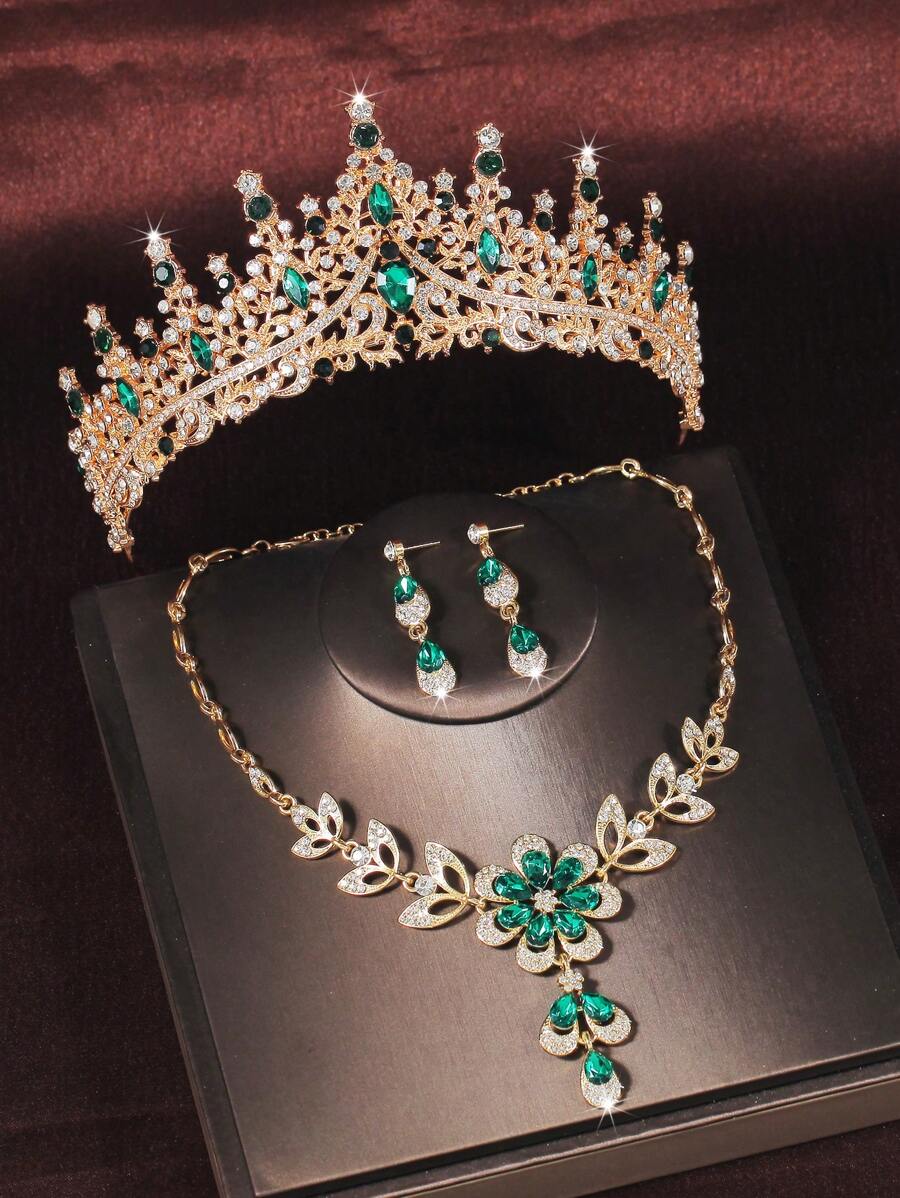1 set accesorii de mireasă aurii, coroană maiestuoasă cu decor de stras verde, colier și cercei cu flori, set de 4 bijuterii de nuntă, potrivit pentru rochie de mireasă, petrecere de mireasă, sărbătoare