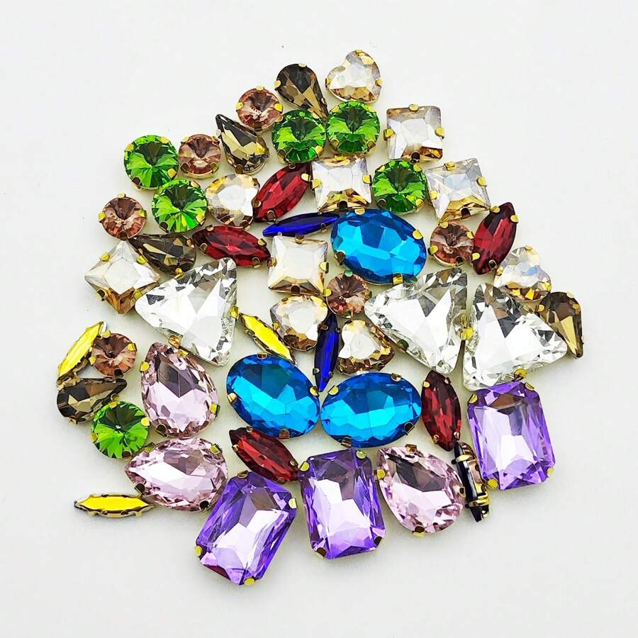 50pcs Mix Color Mix Shapes Sew On Crystal Rhinestone Sew On Flatback Gold Claw Rhinestone For DIY Craft, Clothes, Shoes, Dress, Jewelry Charms Making