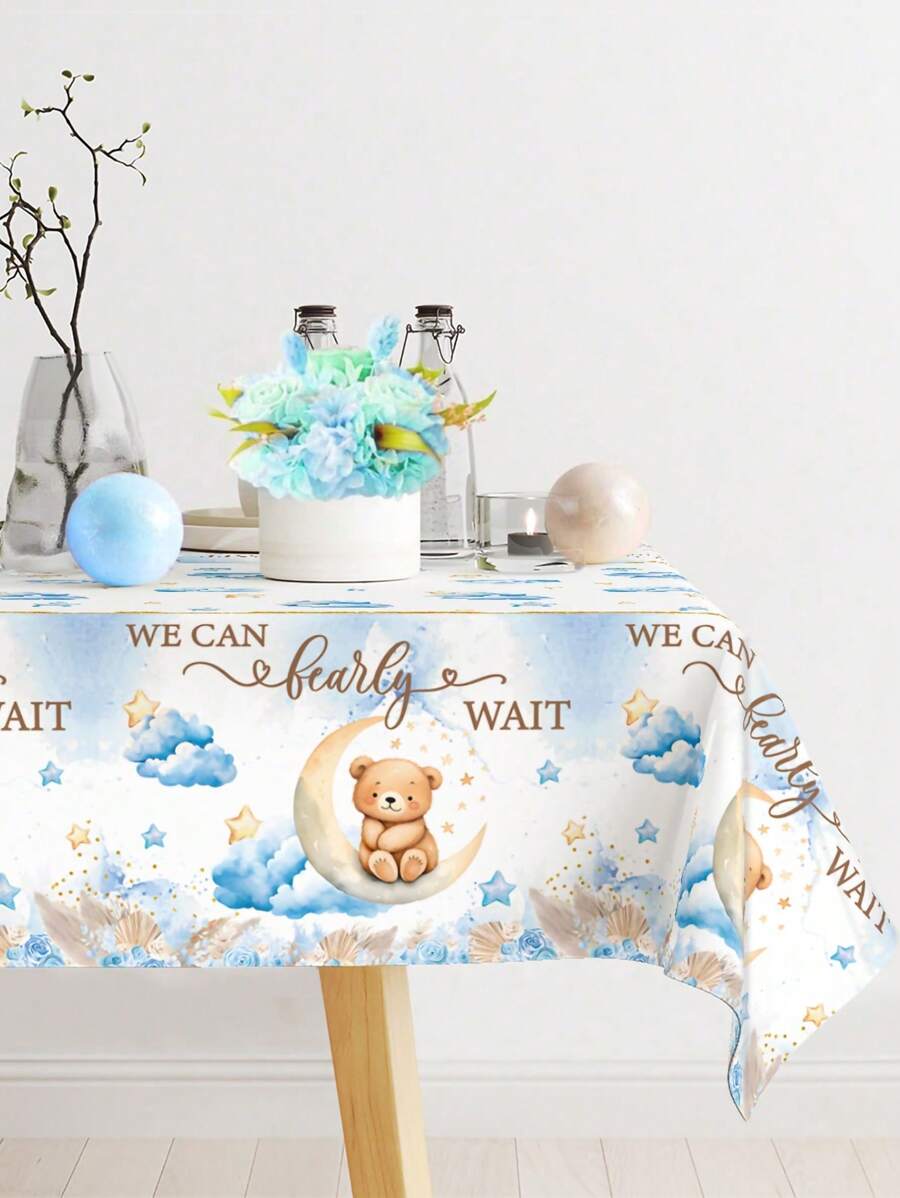 1pc 220*130CM Cartoon Blue Bear Pattern Disposable Tablecloth Table Cover,We Can Bearly Wait Babe Shower Decor Table Cover Happy Birthday Party Decorations Wedding Accessories,Home Party Supplies Background Table Flag