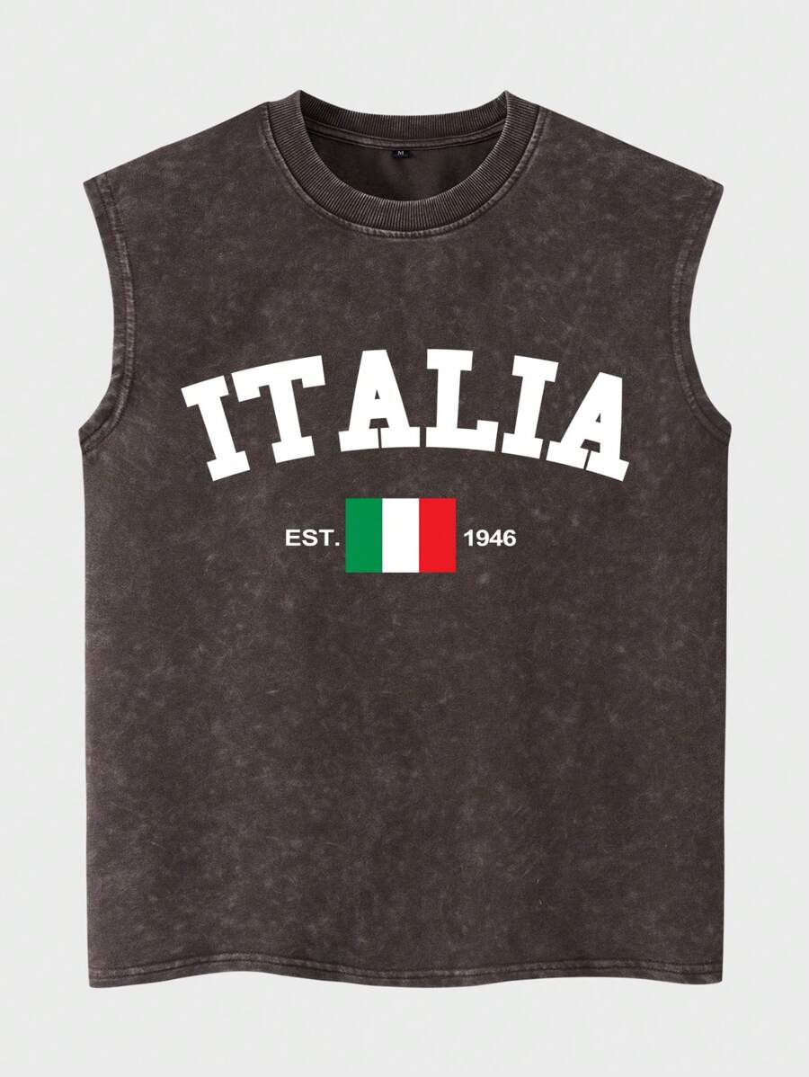 Shwiy Men's Outdoor & Basketball Style Stone-Washed Minimalist Italian Logo Print Casual Sleeveless Tank Top, Suitable For Spring/Summer Everyday Wear