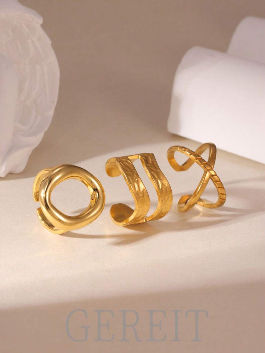 GEREIT 3pcs/Set 18K Stainless Steel Double Layer Hollow Round Open Ring Set, Suitable For Women Daily Wear