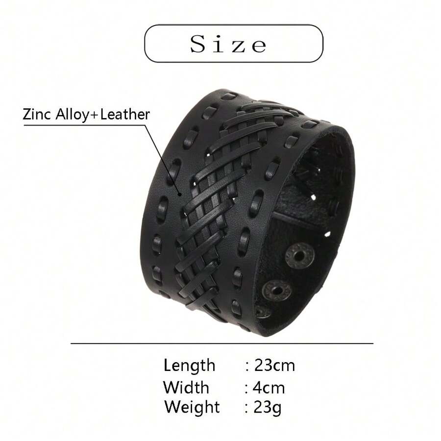 1pc Vintage Braided Wide Leather Adjustable Bracelet, Suitable For Men's Daily Wear