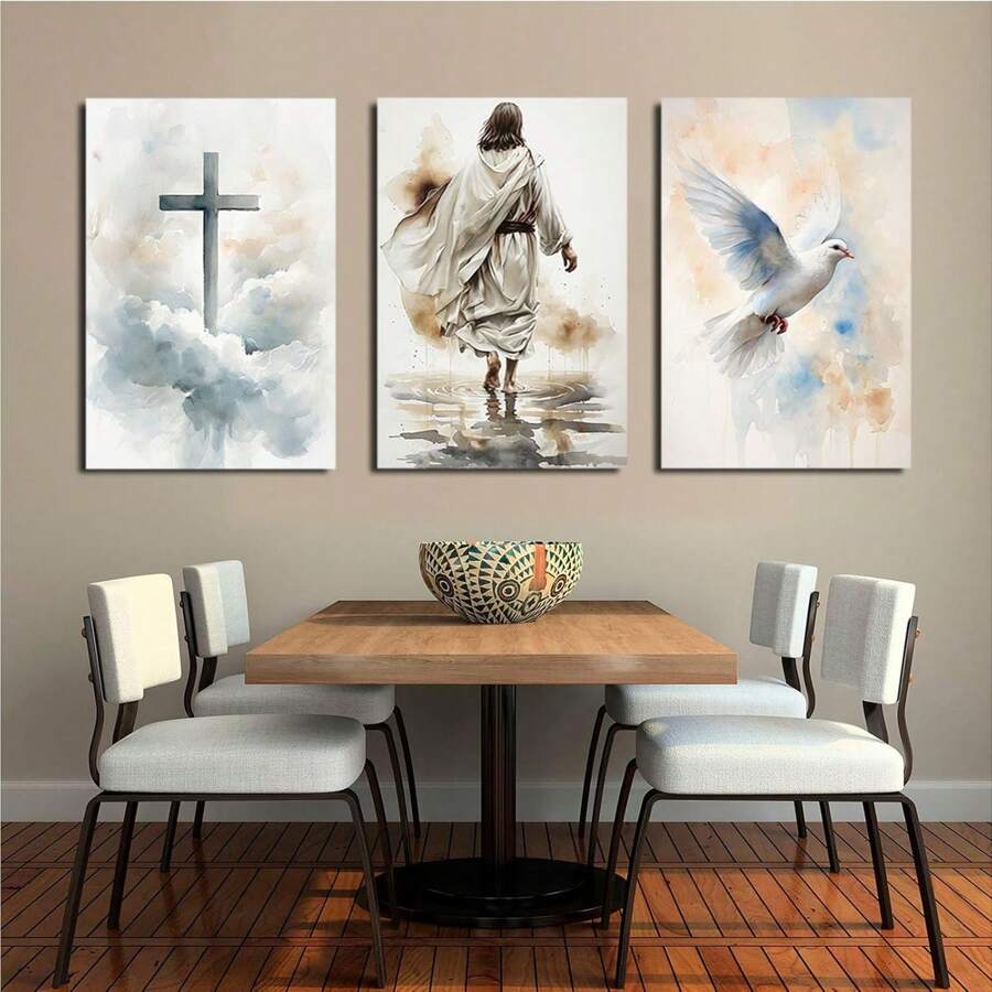 Ensemble de 3 peintures murales sur canevas moderne et simple encadrées, art biblique. Affiche de Jésus marchant sur l'eau, croix chrétienne. Convient pour le salon, la salle de bain, la chambre, l'hôtel, le B&B, l'appartement, la villa, la galerie, la salle de classe, le couloir, le studio, la chambre d'enfant, le bureau, la salle de prière. Prêt à accrocher pour la décoration de la maison.