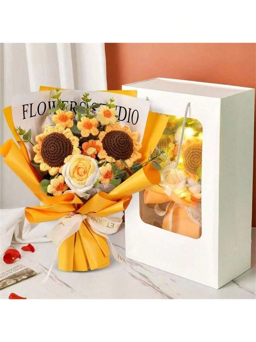 Handmade Bouquet Of Permanent Knitted Flower Sunflower Rose Puff, Therapeutic Preserved Flower, Birthday/Graduation Gift
