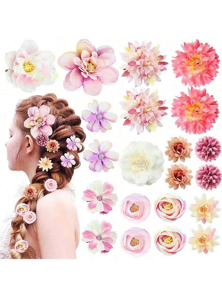 21pcs Flower Hair Clips Set, Boho 3D Rose Floral Hair Clips, Suitable For Cute Girls Daily Wear Or Wedding Bride Party Headpiece, Romantic Gift For Women/Girls, Purple & Pink, Valentine's Day Party Hair Accessories Claw Clips Hair Claws Hair Barrettes