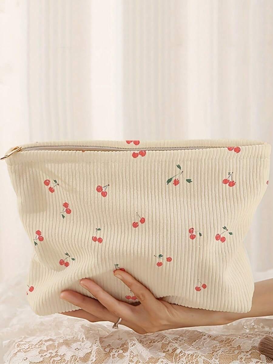 1 pièce Sac de rangement à fermeture éclair en velours côtelé imprimé de cerises | Sac de maquillage et de toilette multifonction léger avec doublure - Organisateur cosmétique élégant pour les voyages, l'utilisation quotidienne et le rangement des articles de toilette (design à motif mignon et construction durable)