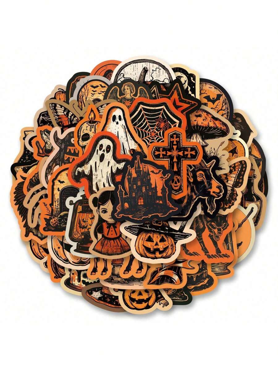50pcs/Pack Dark Gothic Magic Pumpkin & Ghost Vintage Romantic Aesthetic Stickers, Cute Cartoon Fun Aesthetic Label Stickers For Scrapbooking, Stationery, Cards, Envelopes, Guitars, Instruments, Decorations, Gifts, Parties, Rewards, Motivation, New Year, Winter