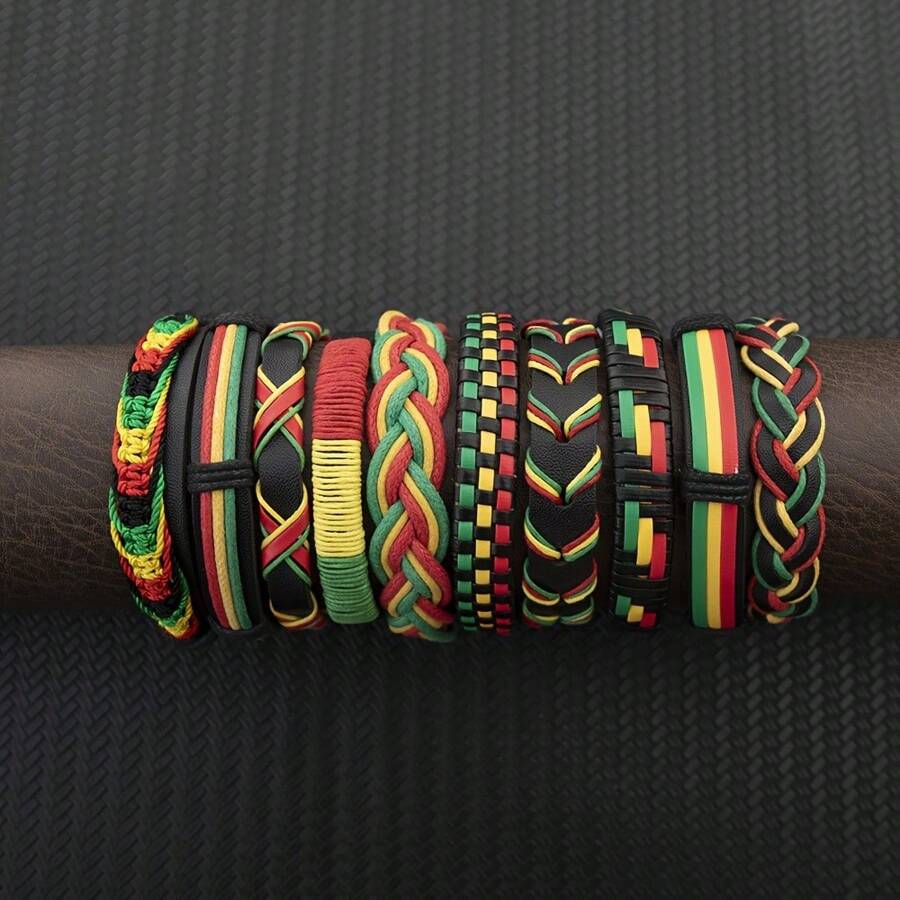 10 piezas de pulseras tejidas a mano de PU en rojo, amarillo y verde, aptas para uso diario tanto en hombres como mujeres