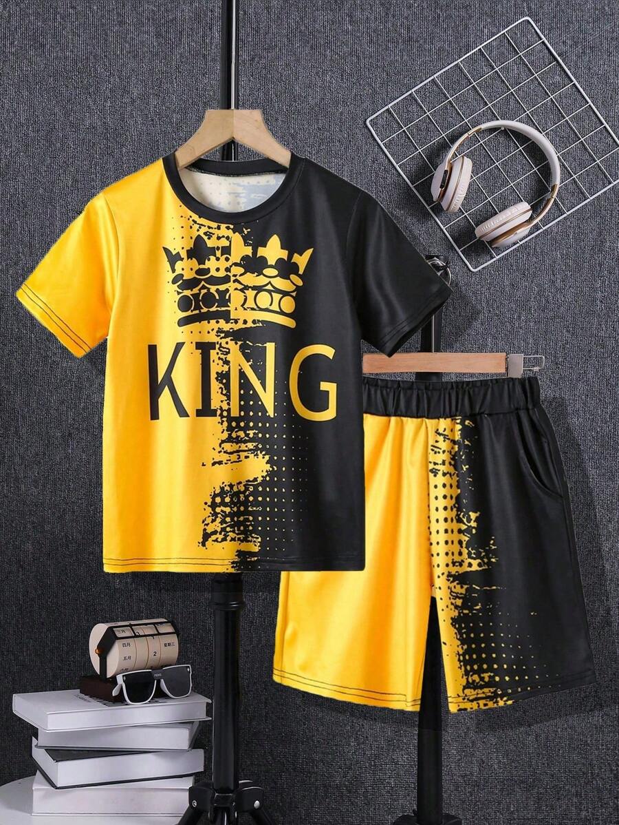 2 Pieces Set Tween Boys Casual Patchwork King Print Short Sleeve T-Shirt & Matching Shorts, Spring/Summer
