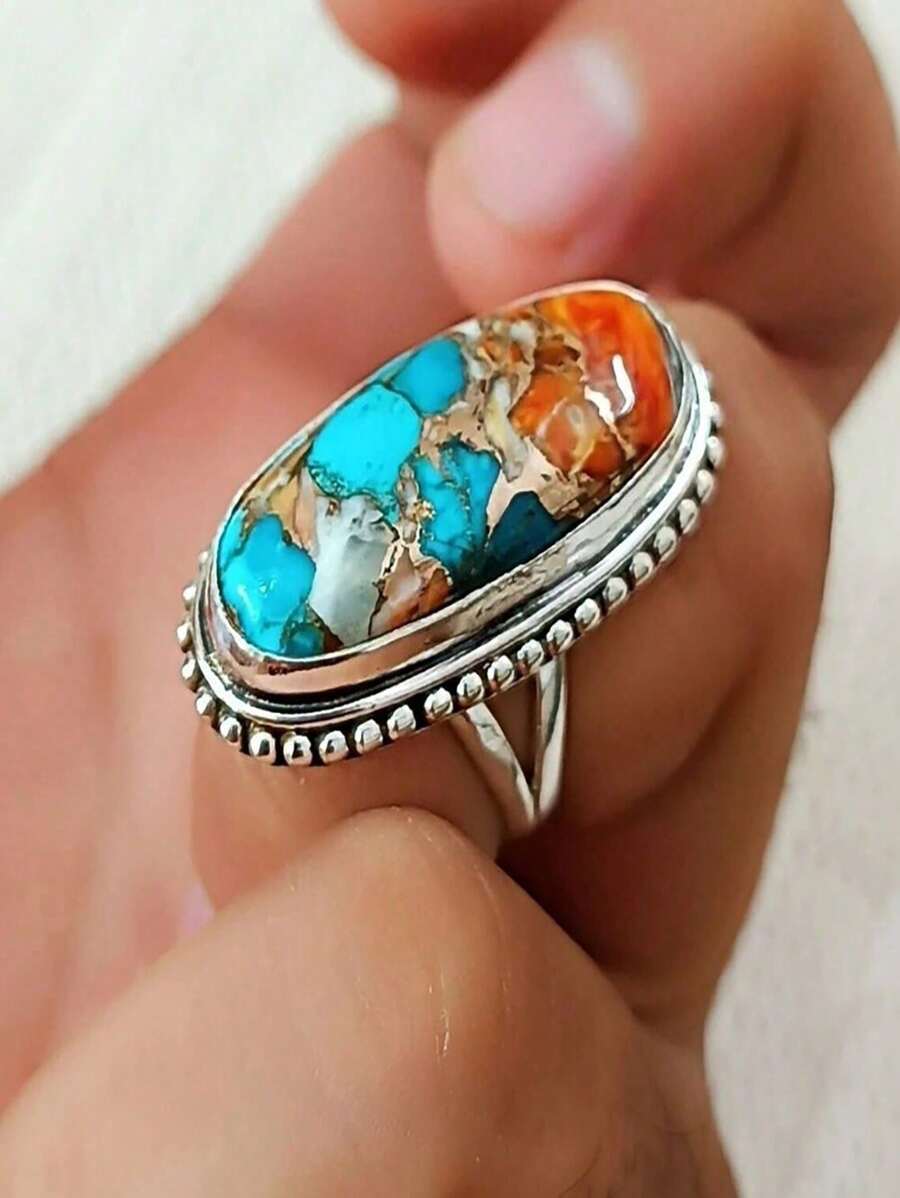 Anillo de estilo vintage con turquesa sintética hermosa, anillo de moda perfecto para aniversarios y fiestas de cumpleaños (patrón aleatorio de turquesa)
