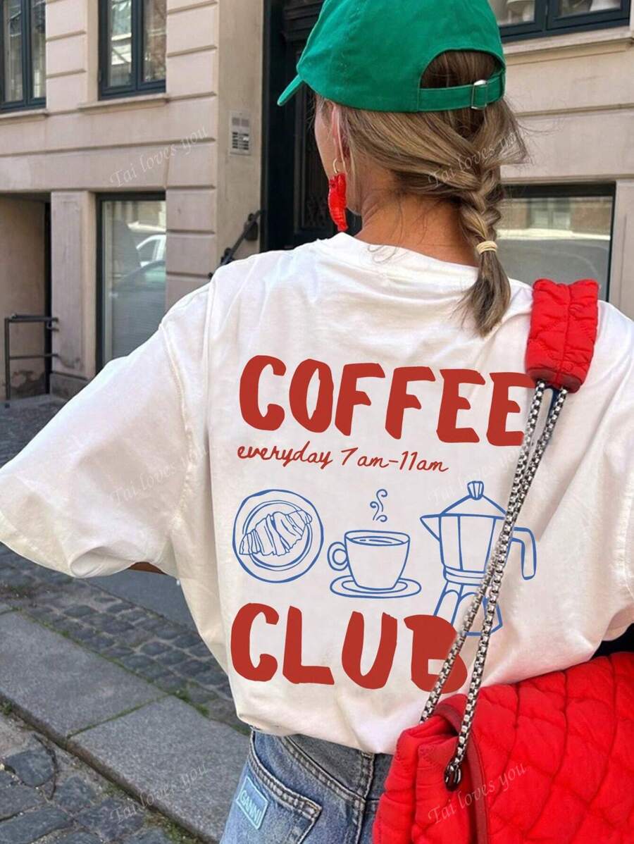 Camiseta casual de mujer con cuello redondo y manga corta, estampado de café en inglés, diseño minimalista, uso versátil diario