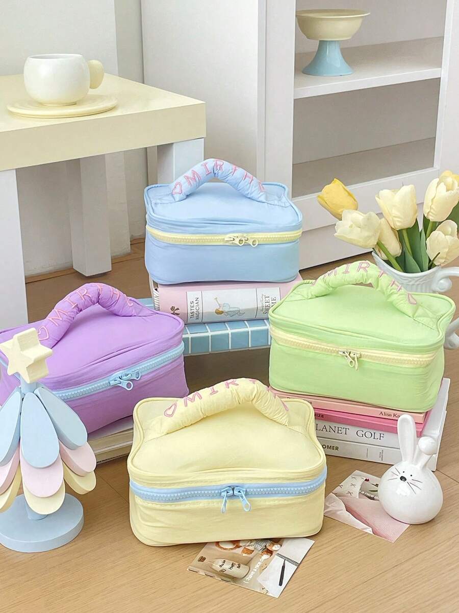 Bolsa de maquillaje con cremallera de tela suave, color liso tipo macarrón de verano refrescante, minimalista, bolsa de aseo portátil organizadora de cosméticos para mujeres, para el hogar y viajes