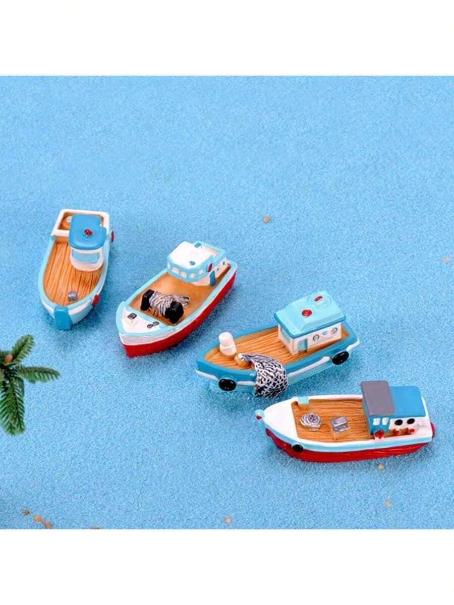 1pc Mini Boat Model, Resin Mediterranean Decor Desktop Fishing Boat Figurine, Ocean Beach Micro Landscape Decoration