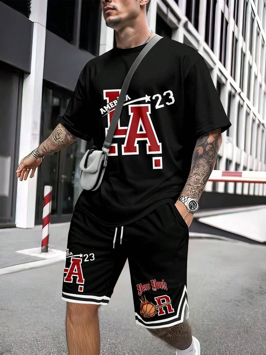 Conjunto de 2 piezas de camiseta de manga corta y pantalón corto con estampado minimalista para hombres