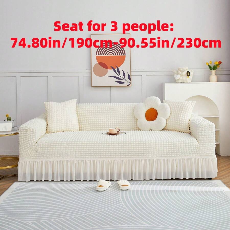 1pc Solid Color Bubble Gauze Elastic All-Inclusive Sofa Cover With Lace, Dustproof And Scratch Resistant