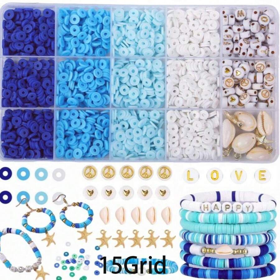 1 boîte de perles en argile bleue pour la fabrication de bracelets, perles de style océan bleu de 6 mm pour bracelets d'amitié. Kit de fabrication de bijoux avec cordon élastique en cristal. Matériel pour bracelet DIY comprenant fausse perle, poterie douce, polymère, lettrage, septums d'étoile de mer et coquillage