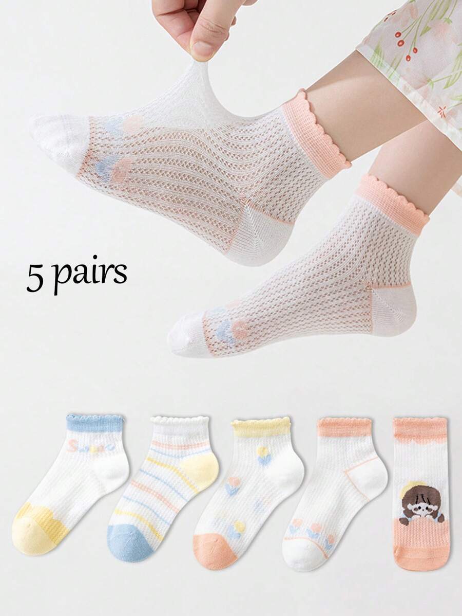 5 Pairs Of 1-16 Year Old Girls' Spring And Summer Mesh Socks, Short Socks, Comfortable, Breathable, Student Socks, Floral, Cute