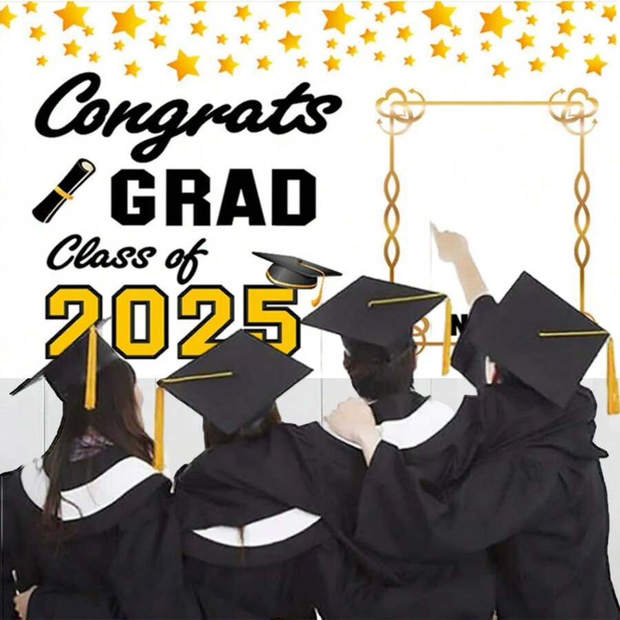 1 pièce Décoration de fête de remise des diplômes DIY - Arrière-plan de photographie de remise des diplômes de la classe 2025 Mortier de bachelier noir et or, ballon, banderole de félicitations pour la remise des diplômes, arrière-plan