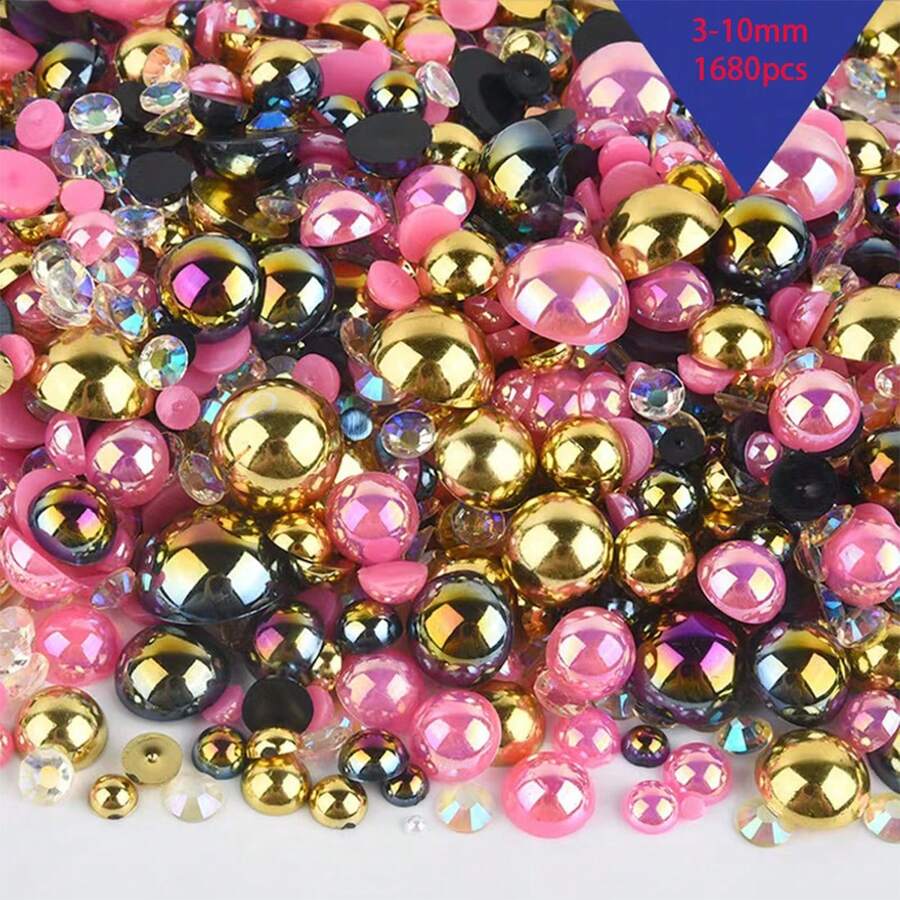 1680pcs 3-10mm Mixed Imitation Pearl Resin Rhinestone Flat Bottom Pearl Decoration DIY Crafts For Phone Case, Mirror, Cup, Craft, Shoes