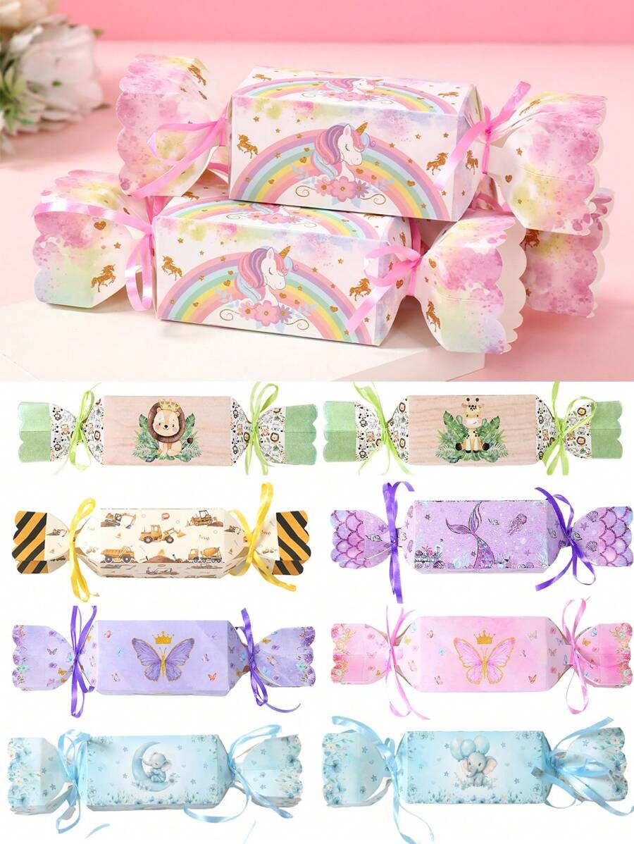 6 pièces Boîte-cadeau thème Licorne/Papillon rose violet/Jungle, boîte à bonbons en forme d'oreiller, décorations d'anniversaire, boîte de faveur de fête, boîte d'emballage-cadeau, boîte à gâteaux, boîte de biscuits au chocolat, thème véhicule d'ingénierie/petit éléphant/sirène, fournitures de fête de mariage, cadeaux de baby shower, cadeaux pour invités, emballage cadeau