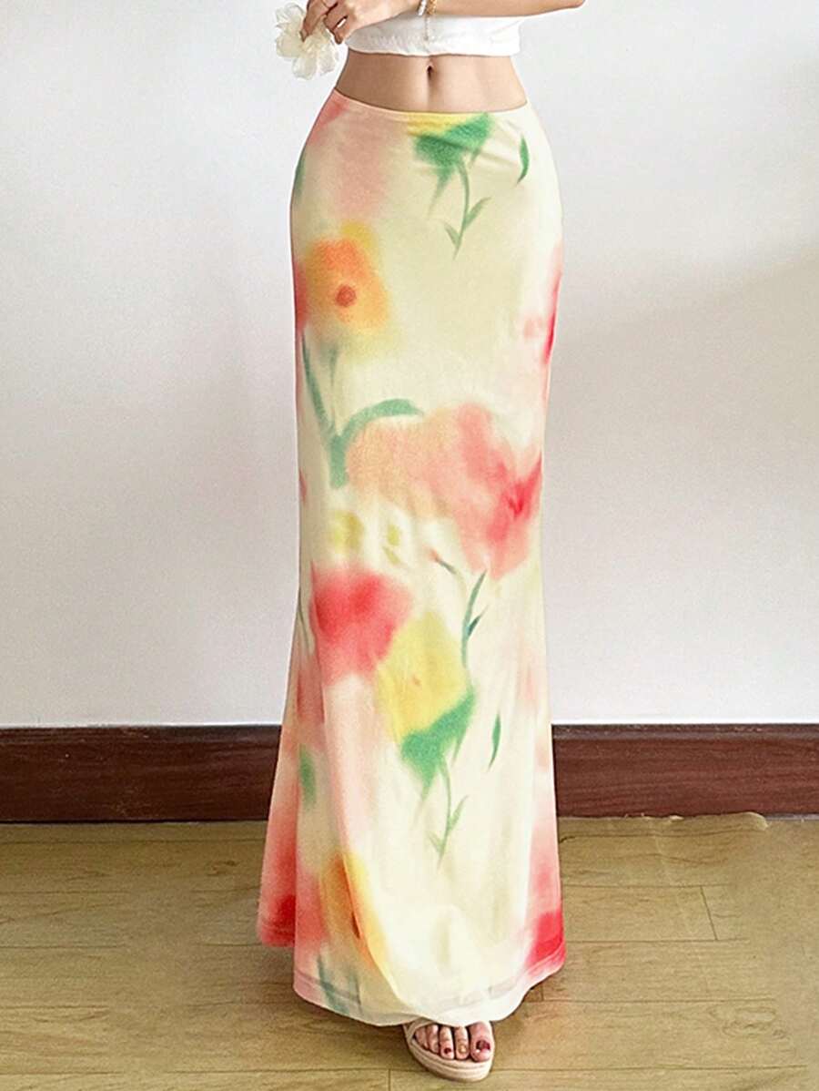 Falda ajustada de cintura alta con estampado, estilo streetwear de color liso