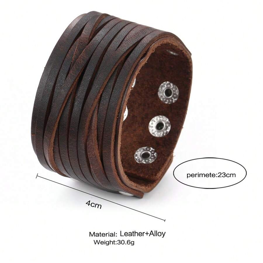1pc Vintage Woven Adjustable Wide Leather Bracelet Suitable For Men's Daily Wear