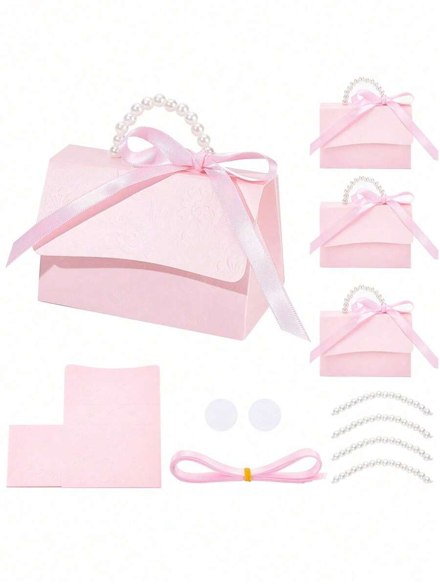 10 Sets- Wedding Favor Boxes DIY Set,Pink Kraft Boxes With Pearl Handles,Ribbons,Stickers,Birthday,Party Favors,Boutique,Wedding And Anniversary Gift Boxes For ,Babyshower Party Decorations,