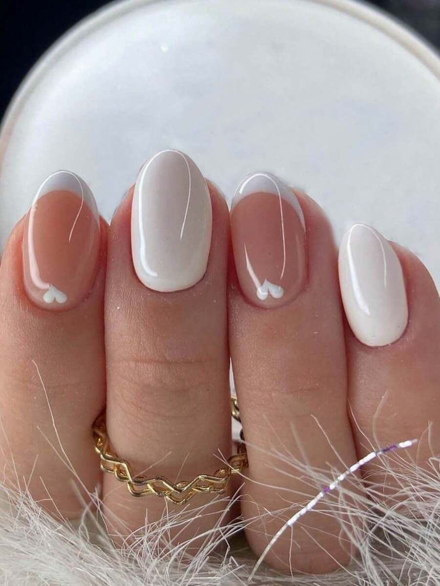 24Pcs Y2K Short Oval Heart Nails Design French Tip Press On Nails Set ,Perfect Fit Acrylic Fake Nails, Contain 1pc Jelly Glue And 1pc Nail File, Suitable For Women And Girls'daily Work, Study And Parties Use