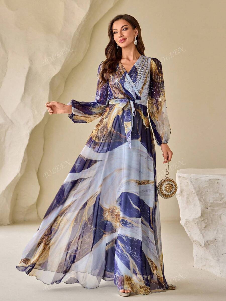 Robe élégante à manches longues en forme de lanterne avec ceinture, col en V, imprimé floral aléatoire et manches bouffantes pour femmes